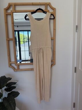 Grey State Terry cloth Cream Sleeveless Drawstring Jumpsuit